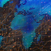 A blue and orange digital world map with glowing dotted continents and a network of connecting lines.