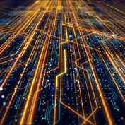 various coloured lines and dots representing motherboard or computer technology